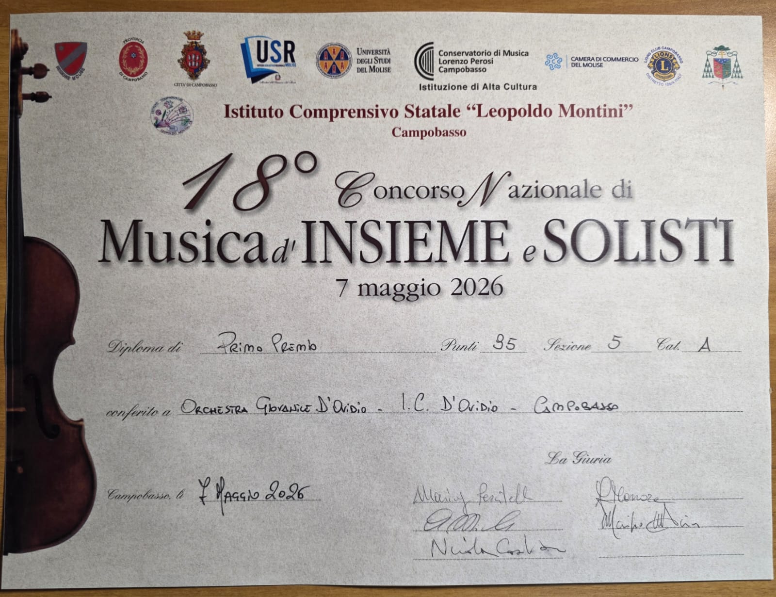“Primo Premio” XVIII edizione del Concorso Nazionale di Musica d’Insieme e Solisti “L. Montini” di Campobasso
